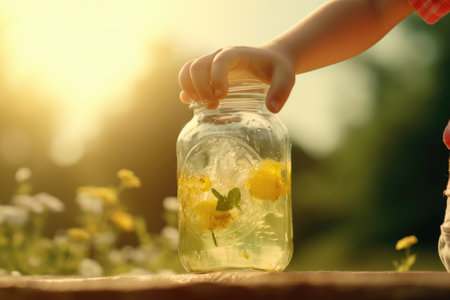 A person is seen holding a jar filled with beautiful flowers. This image can be used to depict love, nature, or a romantic gesture.の素材