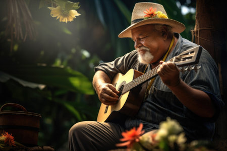 A man wearing a hat playing a guitar. This image can be used to depict musicians, live performances, music lessons, or street artists.の素材