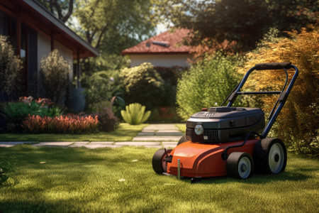 A lawn mower is parked in the yard. This image can be used to showcase lawn care equipment or to depict a well-maintained garden or landscape.の素材