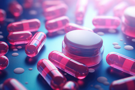 A close-up view of numerous pills arranged on a table. This image can be used to depict healthcare, pharmaceuticals, addiction, or medical treatment concepts.の素材