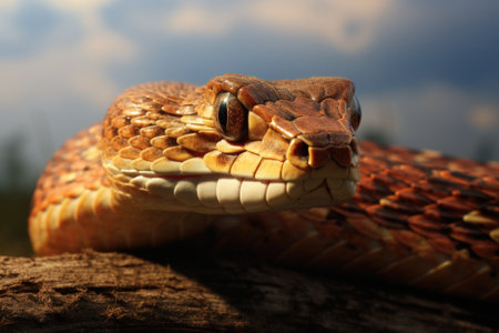 A close up view of a snake resting on a branch. This image can be used to illustrate reptiles, wildlife, or nature themes.の素材