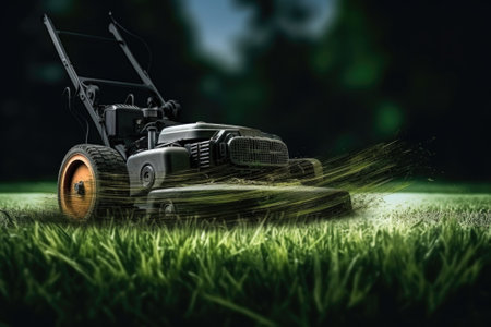 A lawn mower sitting in the middle of a lush green grassy field. This image can be used to depict yard maintenance, landscaping, or outdoor activities.の素材