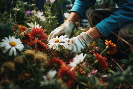 A person wearing a blue shirt and white gloves picking flowers. This image can be used to represent gardening, nature, or outdoor activities.の素材