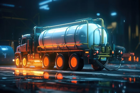 A large tanker truck driving down a street at night. Perfect for transportation and logistics themes.の素材