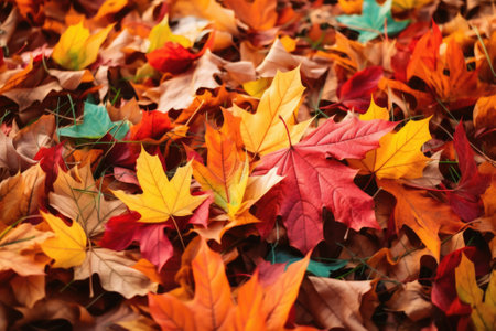 A picture showcasing a large number of leaves scattered on the ground. This image can be used to depict the arrival of autumn or the changing seasons.の素材