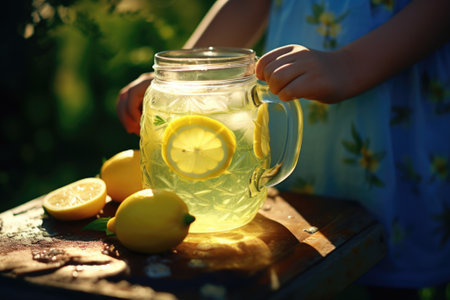 A person is holding a jar of refreshing lemonade on a cutting board. This image can be used to illustrate homemade lemonade, summer beverages, or healthy lifestyle concepts.の素材