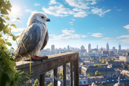 A bird is seen perched on a railing, with a view of the city in the background. This image captures the serenity of nature amidst the bustling urban environment. Perfect for illustrating the harmony between wildlife and city life.の素材