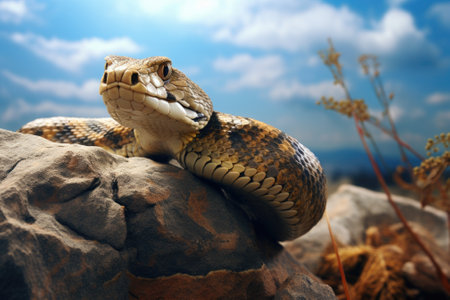A snake sitting on top of a rock. This image can be used to depict wildlife, reptiles, nature, or danger.の素材