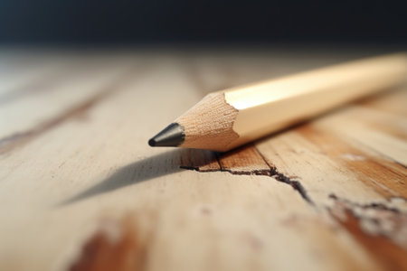 A detailed close-up view of a pencil placed on a wooden table. This image can be used to depict creativity, education, writing, or office supplies. It is suitable for various projects and designs.の素材