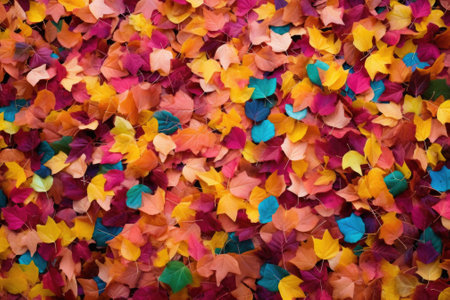 Colorful leaves scattered on the ground, perfect for autumn-themed designs or nature concepts.の素材
