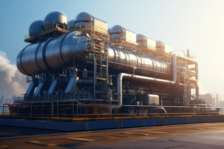 A large industrial building with a complex network of pipes. Suitable for illustrating manufacturing, construction, or energy industries.の素材