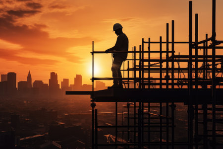 A construction worker standing on a scaffolding during a beautiful sunset. This image can be used to depict hard work, construction projects, or the beauty of nature.の素材