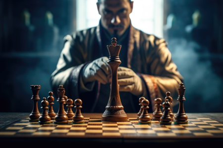 A man engaged in a game of chess on a chess board. Suitable for illustrating strategic thinking and intellectual challenges.の素材