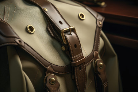 A close-up view of a bag placed on a table. This image can be used to depict organization, accessories, or daily life.の素材