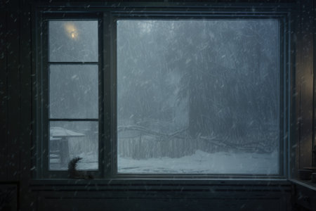 A cat sitting in a window, observing the snowfall outside. Perfect for winter-themed projects and cozy home decor ideas.の素材
