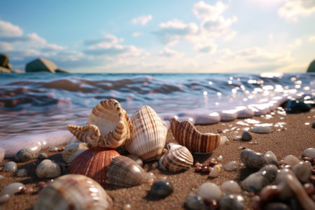 A collection of seashells scattered on a sandy beach near the ocean. Perfect for beach-themed designs and coastal concepts.の素材