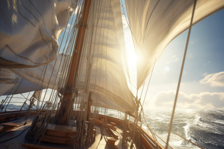 A sail boat gracefully gliding across the ocean at sunset. Perfect for travel and adventure themes.の素材