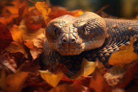 A close-up view of a snake in a pile of leaves. This image can be used to depict wildlife, nature, or reptiles.の素材