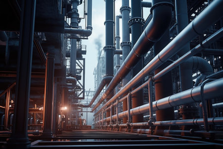 An image of an industrial area with numerous pipes. This picture can be used to depict urbanization, manufacturing, or industrial processes.の素材
