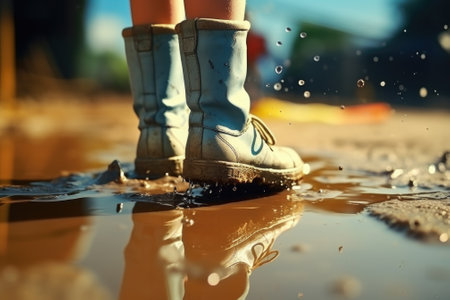 A person standing in a puddle of water. This image can be used to depict rainy weather, outdoor activities, or the concept of reflection.の素材
