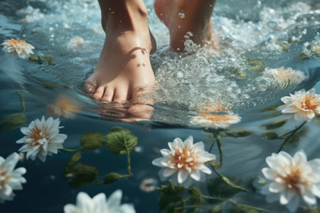 A person standing in a pool of water surrounded by beautiful flowers. This picture can be used for various purposes such as illustrating tranquility, nature, relaxation, or even as a metaphor for growth and renewal.の素材