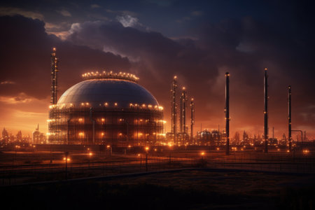An image of an oil refinery at night with a dark sky in the background. This picture can be used to depict industrial processes, energy production, or the oil and gas industry.の素材