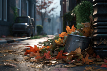 A bucket filled with colorful leaves sitting on the ground. This image can be used to depict autumn, gardening, or outdoor activities.の素材