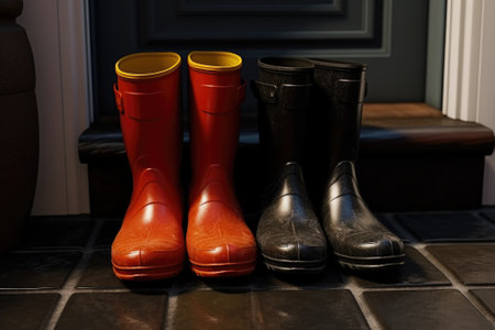 A picture of three pairs of rain boots placed on a tiled floor. This image can be used to illustrate rainy weather, outdoor activities, or the concept of preparedness for rain.の素材