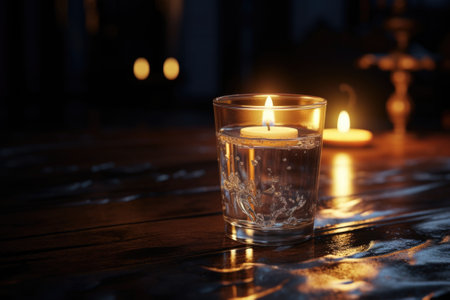 A simple yet elegant image of a glass of water with a lit candle in the background. Perfect for creating a calming and peaceful atmosphere.の素材