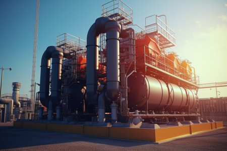 A large industrial plant with multiple pipes. This image can be used to represent manufacturing, industry, or infrastructure.の素材