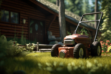 A red lawn mower is pictured on a beautiful, lush green field. This image can be used to depict gardening, landscaping, or outdoor maintenance.の素材