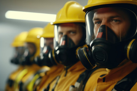A group of men wearing gas masks and helmets. This image can be used to depict safety precautions, hazardous environments, or emergency response scenarios.の素材