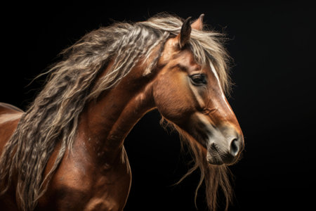 A close-up view of a horse with a black background. This image can be used for various purposes, such as equestrian themes, animal portraits, or even in designs related to strength and power.の素材