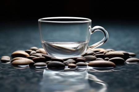 A clear glass cup filled with water is placed on top of a pile of rocks. This image can be used to represent purity, balance, and the beauty of nature.の素材