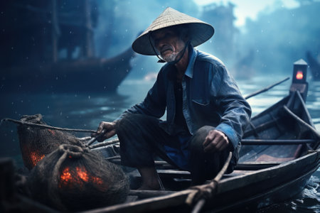 A man is sitting in a boat on a body of water. This image can be used to depict leisure activities, fishing, or peaceful moments in nature.の素材