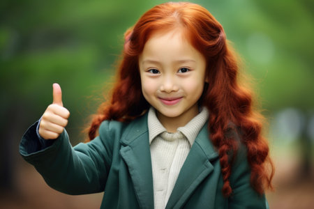 A young girl with vibrant red hair enthusiastically giving a thumbs up gesture. This image can be used to depict positivity, approval, encouragement, or success in various contexts.の素材