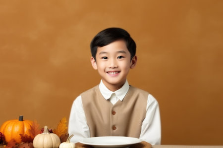 A young boy is sitting at a table with a plate of food. This image can be used to depict a child enjoying a meal or to showcase healthy eating habits.の素材