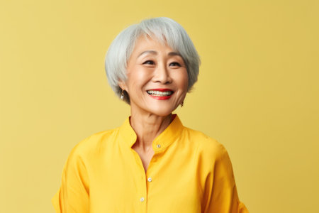 An older woman with a warm smile wearing a vibrant yellow shirt. This picture can be used to portray positivity, happiness, and confidence. Perfect for illustrating the beauty of aging gracefully.の素材