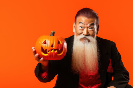 A man with a long white beard is holding a carved pumpkin. This image can be used for Halloween-related projects or to depict the spirit of autumn.の素材
