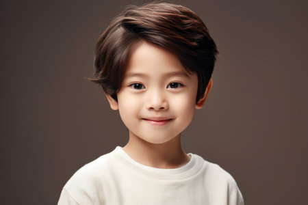 A young boy wearing a white shirt and with brown hair. This versatile image can be used in various contexts.の素材