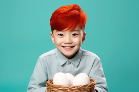 A young boy with red hair holding a basket filled with colorful eggs. Perfect for Easter celebrations or farm-themed projects.の素材