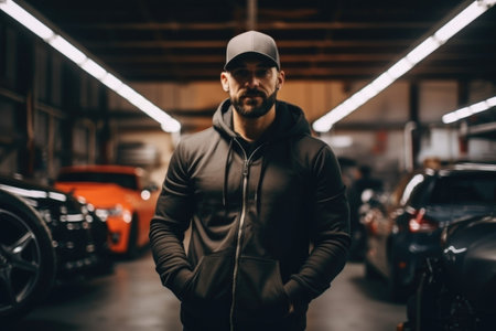 A man standing in a garage next to a row of parked cars. This image can be used to depict car enthusiasts, car shows, or automotive maintenance.の素材