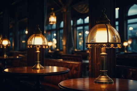 A row of tables with lamps on top of them. Perfect for adding a warm and cozy atmosphere to any space.の素材