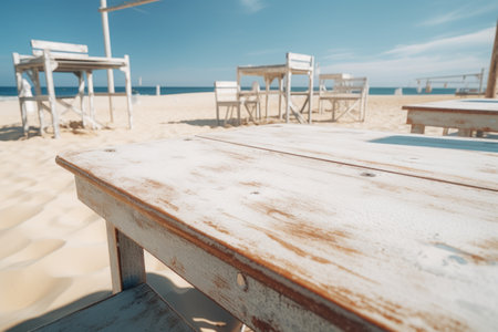 A wooden table and chairs set placed on a beautiful beach. Perfect for outdoor dining or enjoying the view.の素材
