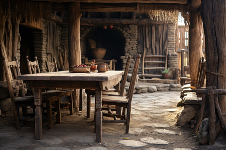 A picture of a table and chairs placed in front of a traditional hut. This image can be used to depict a cozy outdoor seating area or a rustic setting.の素材