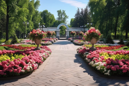 A beautiful garden filled with vibrant flowers and tall trees. Perfect for adding a touch of nature and serenity to any project or design.の素材