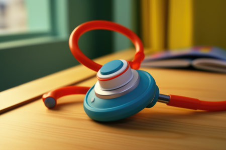 A blue and red stethoscope resting on a wooden table. This versatile image can be used to represent healthcare, medical equipment, or doctor's office.の素材