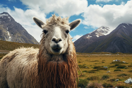 A detailed view of a sheep with a majestic mountain in the background. This image captures the beauty of nature and the peacefulness of rural landscapes. Perfect for illustrating the harmony between animals and their environment. .の素材