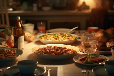 A table full of various plates of delicious food and refreshing drinks. Perfect for showcasing a buffet spread or a festive gathering.の素材