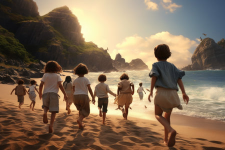 A group of people walking together on a sandy beach. This picture can be used to depict leisure activities, vacation, friendship, or summer fun.の素材